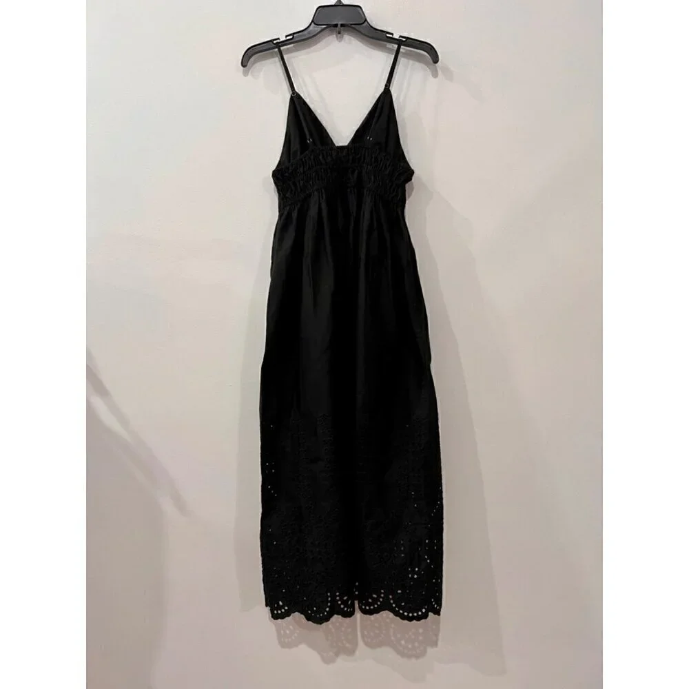 New J. Crew Size 2 V-neck smocked-waist dress in cotton poplin Black *Stain*